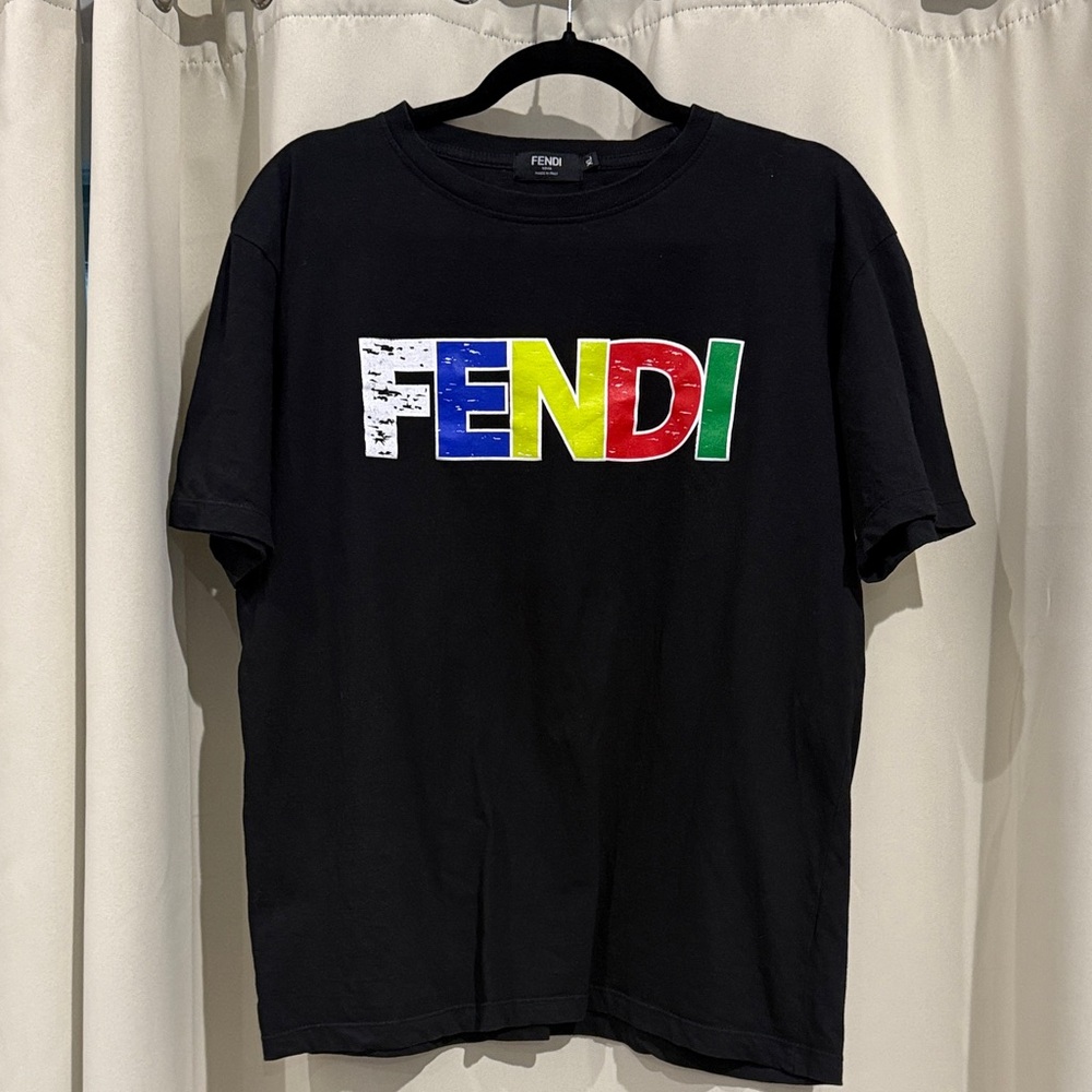 Fendi Black Tee with Colorful Logo Size XL EUC